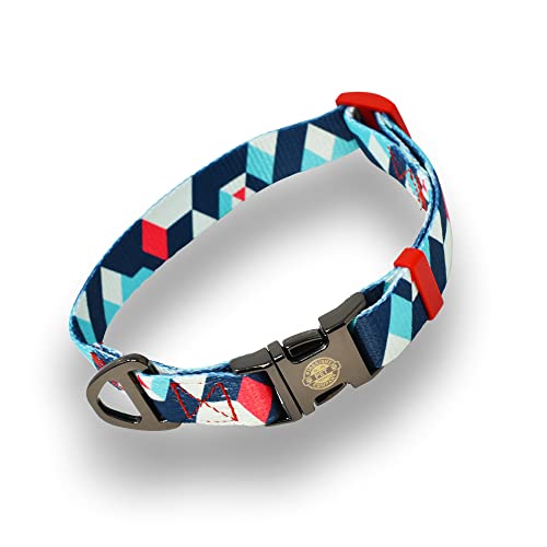 Pirbright Pet Company Hundehalsband mit geometrischem Muster, dick, stark, Blau / Rosa / Orange mit Schnalle und Clip, graviertes Logo (mittelblau/weiß) von Pirbright Pet Company