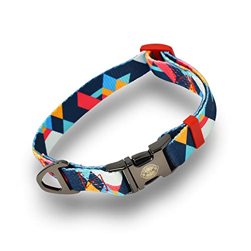 Pirbright Pet Company Hundehalsband mit geometrischem Muster, dick, stark, Blau / Rosa / Orange mit Schnalle und Clip, graviertes Logo (mittelblau / rosa) von Pirbright Pet Company