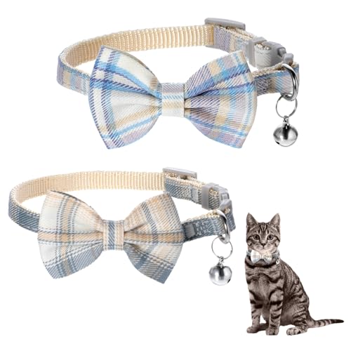 Piriuuo 2 x Katzenfliege, Katzenhalsband, kariert, verstellbare Katzenfliege, Halsband, niedliches Katzenhalsband mit Glöckchen, Katzenhalsbänder für Kätzchen, Welpen und kleine Haustiere von Piriuuo