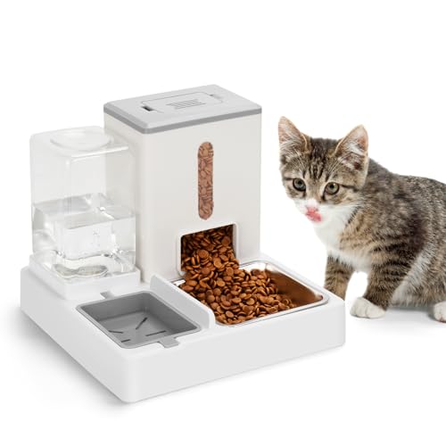 Pet Feeder und Wasserspender Set, Automatischer Katzenfutterspender Schwerkraft Automatisch für Katzen und Kleine Hunde (Hellgrau) von PiscatorZone
