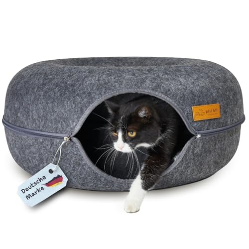 Katzentunnel aus Filz, Katzenbett rund 50x50x24 Katzenhöhle Tunnel Katzenhöle Anthrazit Katzendonut Katzen Bett Spiele Donut von Pisi Bili