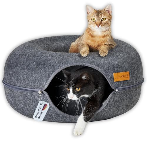 Katzentunnel aus Filz 60x60x28 Katzenbett flauschig rund Katzenhöhle Tunnel Donut Katzendonut Bett Spiele Katzen mit waschbarem Kissen Bezug Katzenkörbchen als Schlafplatz Kuschelbett - Anthrazit von Pisi Bili