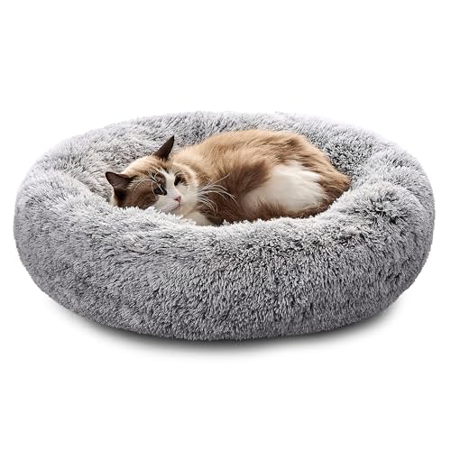 Pisi Bili Katzenbett rund 50 cm Waschbar Abnehmbarer Bezug Plüsch flauschig orthopädische Kissen kleine Hunde Welpen Donut Katzenkorb Kuschelbett Grau von Pisi Bili