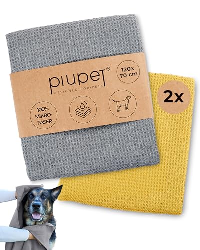 PiuPet® Hundehandtuch I 120x70cm I Mikrofaser Handtuch für Hunde I Handtuch Hund extra saugfähig I Hundehandtuch große Hunde I Doppeltes Handtuch I Microfaser Handtücher (2er Set Grau/Gelb) von PiuPet