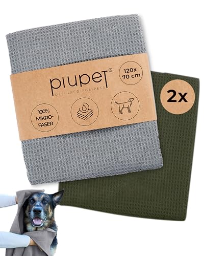 PiuPet® Hundehandtuch I 120x70cm I Mikrofaser Handtuch für Hunde I Handtuch Hund extra saugfähig I Hundehandtuch große Hunde I Doppeltes Handtuch I Microfaser Handtücher (2er Set Grau/Grün) von PiuPet