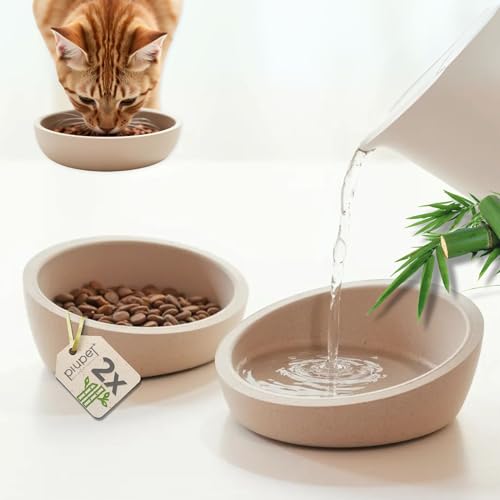 PiuPet® Katzen Napf 2er Set I Futternapf Katze rutschfest I Napf Katze spülmaschinengeeignet I Katzen Futternapf | Katzennapf Flach und Breit I Fressnapf Katze aus Bambus I 230ml I Beige/Grey von PiuPet