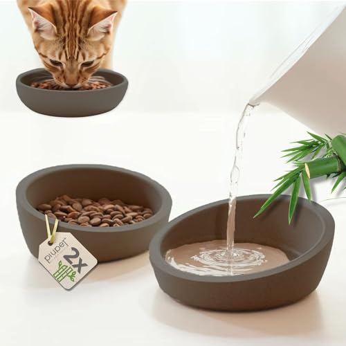 PiuPet® Katzen Napf 2er Set I Futternapf Katze rutschfest I Napf Katze spülmaschinengeeignet I Katzen Futternapf | Katzennapf Flach und Breit I Fressnapf Katze aus Bambus I 230ml I Beige/Grey von PiuPet