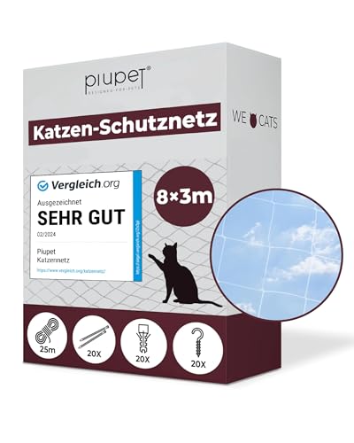 PiuPet® Katzennetz I 8x3m I transparent I inklusive Montagematerial I Katzennetz für Balkon | Katzenschutz Fenster I Katzen Balkonnetz I Ideal für uneingeschränkte Sicht von PiuPet