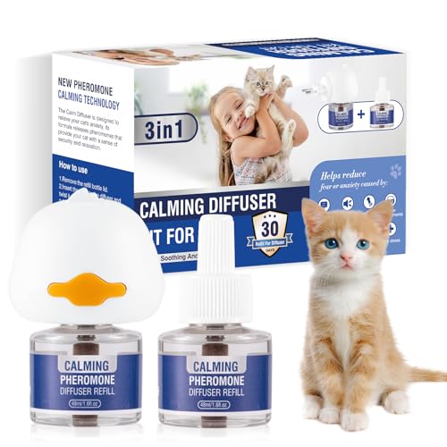 Pheromone Katzen Beruhigung Steckdose 3 In 1 FüR Cat Calming Diffuser Katze Anti Stress Beruhigendes Beruhigungsmittel Diffusor-Set Geschmacklos（1 StöPsel + 2 NachfüLlpackungen à 48 Ml） von Piuess