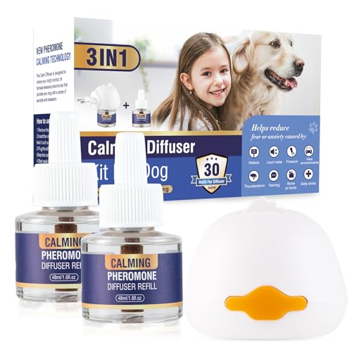 Piuess Pheromone Hund 3 In 1 Kit Dog Diffuser Calming Beruhigender (1 Beruhigung Steckdose +2 Nachfüllflakon) Beruhigungsmittel Antistress Zur Reduktion Von äNgstlichem Verhalten Gewitter Feuerwerk von Piuess