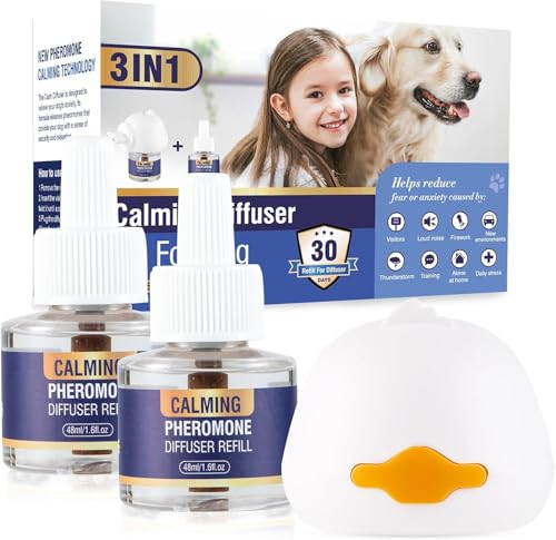 Piuess Pheromone Hund 3 In 1 Kit Dog Diffuser Calming Beruhigender (1 Beruhigung Steckdose +2 Nachfüllflakon) Beruhigungsmittel Zur Reduktion Von äNgstlichem Verhalten Gewitter Feuerwerk Geschmacklos von Piuess