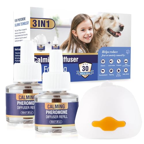 Piuess Pheromone Hund 3 In 1 Kit Dog Diffuser Calming Beruhigender (1 Beruhigung Steckdose +2 Nachfüllflakon) Beruhigungsmittel Zur Reduktion Von äNgstlichem Verhalten Gewitter Feuerwerk Geschmacklos von Piuess