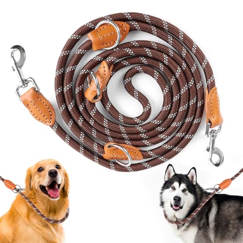 Hundeleine für Große & Mittelgroße Hunde, Verstellbare Hundeleine 3m mit Reflektierend Streifen, Nylon Doppelleine Verdickte Freihandleinen mit 2 Karabiner durch die Extreme Kraft bis 200 kg (Braun) von Piymnys