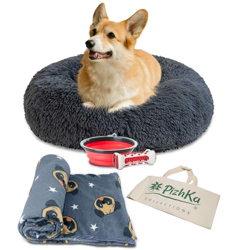 PizhKa® - Komplettes Hundeset Mit Donut-Hundebett 70x70 cm rutschfest Kuschelig Hypoallergen Weiche Decke 130x160 cm Zusammenklappbarer Reisenapf Beißspielzeug Für Mittlere Hunde Bis 25 Kg Grau von PizhKa