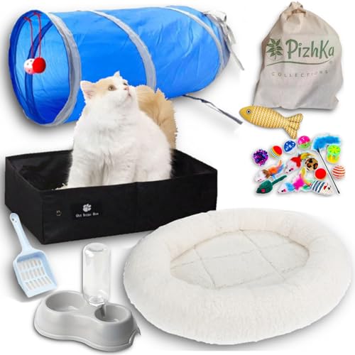 PizhKa Set Katzenbett, Katzenklo L, Katzenspielzeug, Katzentunnel und Katzenfütterung - Willkommens-Set für kleine Kätzchen - umkehrbares Katzenbett, Faltbare Katzenklo Größe L. Modell ECIJA-L von PizhKa