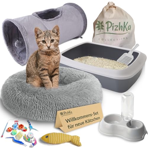 PizhKa® - Set Katzenklo mit Schaufel, katzennapf, Katzentunnel, Katzenbett, Katzenspielzeug mit Katzenminze | Komplettes Willkommenspaket für Neue Kätzchen - Kätzchen-Starterkit-Set von PizhKa