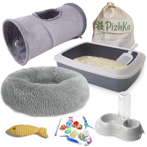 PizhKa® - Set Katzenklo mit Schaufel Katzennapf Katzentunnel Katzenbett Katzenspielzeug Katzenminze Catnip | Komplettes Willkommenspaket für Neue Kätzchen Starterkit Kitten Kit von PizhKa