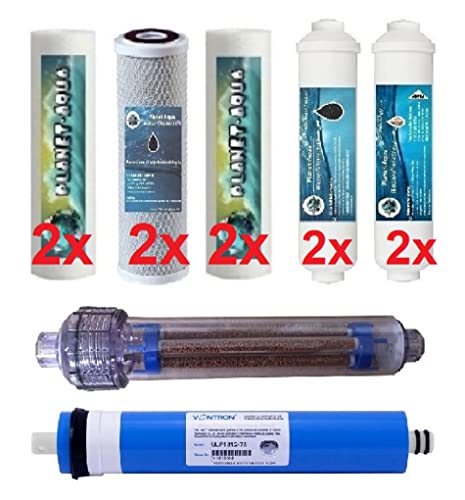 1 Jahr Ersatzfilter Set Umkehrosmose 6 + 7 Stufen Wasserfilter inkl. Membran 50 GPD und AIFIR Negativ Ionen Energetisierer Filter Patrone Kartusche. Für Osmoseanlage mit 10 Zoll Filtergehäuse von Planet-Aqua