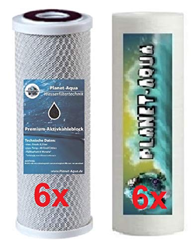 Ersatzfilter 10 Zoll für Osmoseanlage Wasserfilter und die Umkehrosmose. Filterset besteht aus 6 x Sediment Filter 5 Mikron + 6 x Aktivkohle Block Kartusche Patrone. Osmose Trinkwasser Aquarium Wasser von Planet-Aqua