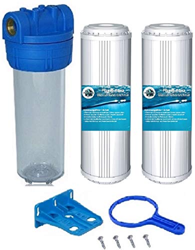 Filtergehäuse SET DUOS 10 Zoll mit 3/4" Wasseranschluß + 2 KALK FILTER Patrone 1x GEHÄUSE SCHLÜSSEL 1x WANDHALTERUNG Vorfilter Wasserfilter Osmose Anlage Hauswasserwerk Brunnenwasser Garten von Planet-Aqua