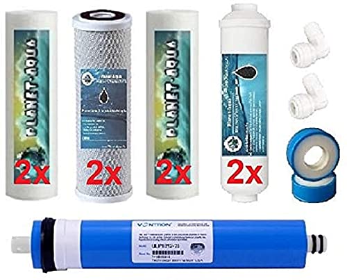 Osmose Ersatzfilter Set 10 Zoll mit 100 GPD Membran und Anschlusszubehör für den Aktivkohle Nachfilter. 8x Filterkartusche / Filterpatronen für die Umkehrosmose Osmoseanlage Wasserfilter Anlage von Planet-Aqua