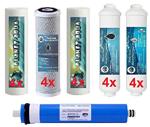 Planet-Aqua 2 Jahres Ersatzfilter Set 6 Stufen Wasserfilter Umkehrosmose Osmoseanlage + 75 GPD Membrane Filter Kartusche 10 Zoll Wasser Trinkwasser Osmose 12x Filtereinsatz 8 Inline Patronen von Planet-Aqua