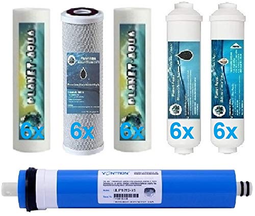 Planet-Aqua 3 Jahre Ersatzfilter Set 6 Stufen Wasserfilter Umkehrosmose Osmoseanlage inkl. 75 GPD Membrane Filter Kartuschen 10 Zoll Wasser Trinkwasser Osmose 18x Filtereinsatz 12 Inline Patronen von Planet-Aqua