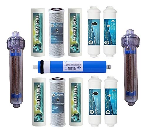 Planet-Aqua Ersatzfilter Set Umkehrosmose 6 + 7 Stufen Wasserfilter inkl. Membran 50 GPD und AIFIR Negativ Ionen Energetisierer Filter Patrone Kartusche. Für 10 Zoll Filtergehäuse von Planet-Aqua