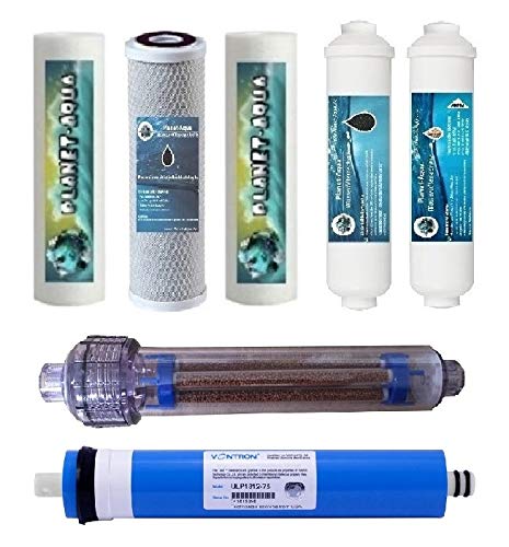 Planet-Aqua Ersatzfilter Set Umkehrosmose 6 + 7 Stufen Wasserfilter inkl. Membran 50 GPD und AIFIR Negativ Ionen Filter Patrone Kartusche. Für Osmoseanlage mit 10 Zoll Filtergehäuse von Planet-Aqua