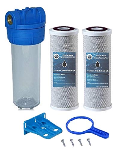 Planet-Aqua Filtergehäuse Set 10 Zoll 1/2" Wasseranschluß 2X AKTIVKOHLE Filter Block Patrone, 1x SCHLÜSSEL u 1x WANDHALTERUNG als Vorfilter Umkehrosmose Anlage Brunnenwasser Garten von Planet-Aqua