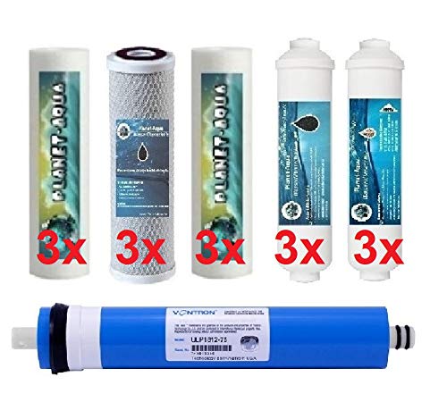 Umkehrosmose Filter SET 6 Stufen für Wasserfilter Anlage mit 10 Zoll Vorfilter und Aktivkohle Mineral Nachfilter Patrone Kartusche inkl. 75GPD Membran. 15 Filtereinsätze Osmoseanlage Trinkwasser von Planet-Aqua