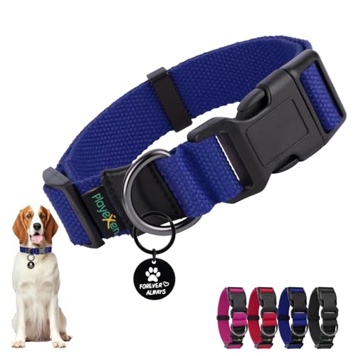 Hundehalsband, Verstellbares Hunde Halsbänder Weiches Baumwollmaterial, Hundehalsbänder mit Abnehmbaren Hundemarke für Welpen Kleine Mittel Große Hunde, 35-50/2,5cm (M), Blau von Playexen