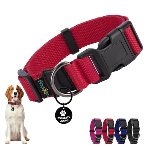 Hundehalsband, Verstellbares Hunde Halsbänder Weiches Baumwollmaterial, Hundehalsbänder mit Abnehmbaren Hundemarke für Welpen Kleine Mittel Große Hunde, 35-50/2,5cm (M), Rosa von Playexen