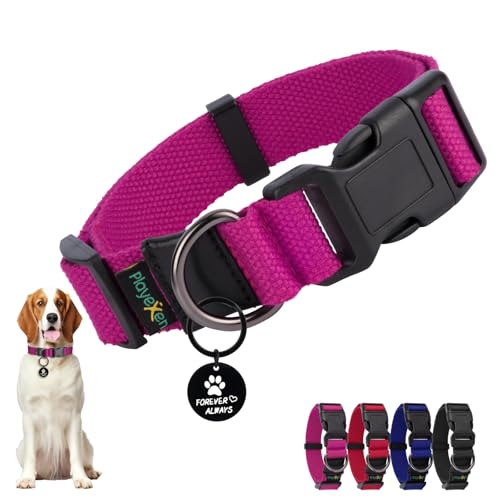 Hundehalsband, Verstellbares Hunde Halsbänder Weiches Baumwollmaterial, Hundehalsbänder mit Abnehmbaren Hundemarke für Welpen Kleine Mittel Große Hunde, 35-50/2,5cm (M), Rose von Playexen