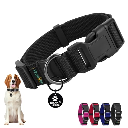 Hundehalsband, Verstellbares Hunde Halsbänder Weiches Baumwollmaterial, Hundehalsbänder mit Abnehmbaren Hundemarke für Welpen Kleine Mittel Große Hunde, 35-50/2,5cm (M), Schwarz von Playexen