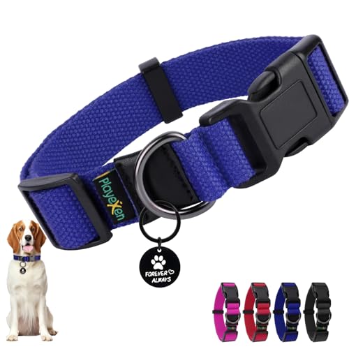 Hundehalsband Große Hunde, Verstellbares Hunde Halsbänder Weiches Baumwollmaterial, Hundehalsbänder mit Abnehmbaren Hundemarke für Welpen Kleine Mittel Große Hunde, 40-60/2,5cm (L), Blau von Playexen