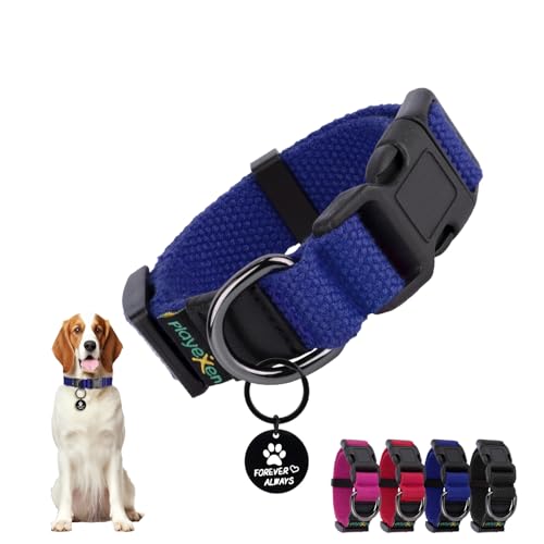 Hundehalsband Kleine Hunde, Verstellbares Hunde Halsbänder Weiches Baumwollmaterial, Hundehalsbänder mit Abnehmbaren Hundemarke für Welpen Kleine Mittel Große Hunde, 20-30/2,0cm (XS), Blau von Playexen