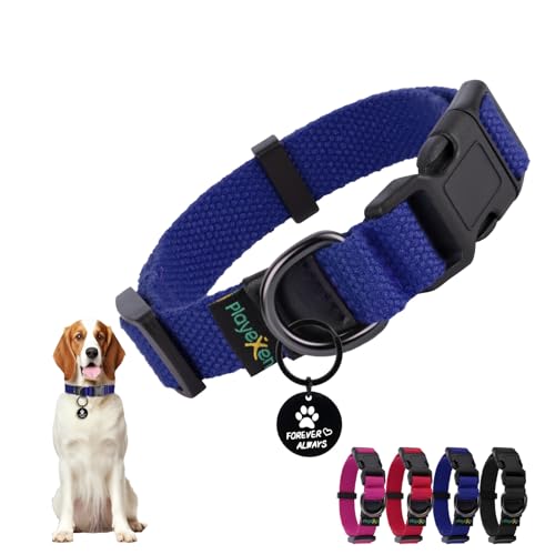 Hundehalsband Kleine Hunde, Verstellbares Hunde Halsbänder Weiches Baumwollmaterial, Hundehalsbänder mit Abnehmbaren Hundemarke für Welpen Kleine Mittel Große Hunde, 25-40/2,0cm (S), Blau von Playexen