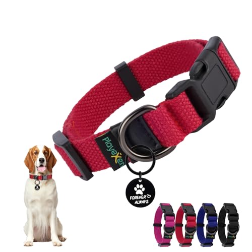 Hundehalsband Kleine Hunde, Verstellbares Hunde Halsbänder Weiches Baumwollmaterial, Hundehalsbänder mit Abnehmbaren Hundemarke für Welpen Kleine Mittel Große Hunde, 25-40/2,0cm (S), Rosa von Playexen