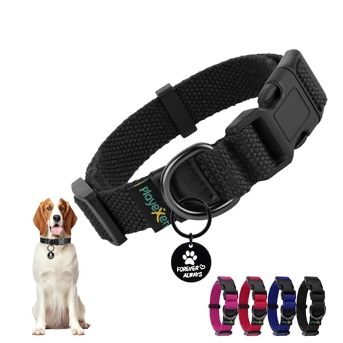 Hundehalsband Kleine Hunde, Verstellbares Welpenhalsband Weich Baumwollmaterial, Hundehalsbänder mit Abnehmbaren Hundemarke für Welpen Kleine Mittel Große Hunde, 25-40/2,0cm (S), Schwarz von Playexen