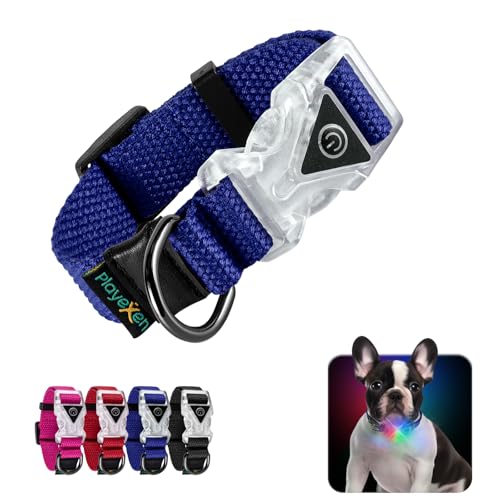 Leuchtendes Hundehalsband Verstellbares Hundehalsband aus weicher Baumwolle für Hunde & Katzen Kleine Mittlere Große LED-Hundehalsband 2 Blitzmodi Hundehalsbänder 20-30/2,0 cm (XS), Blau von Playexen