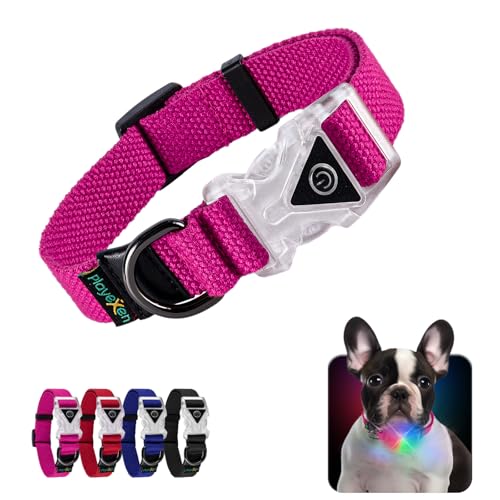 Leuchtendes Hundehalsband Verstellbares Hundehalsband aus weicher Baumwolle für Hunde & Katzen Kleine Mittlere Große LED-Hundehalsband 2 Blitzmodi Hundehalsbänder 25-40/2,0 cm (S), Rosa von Playexen