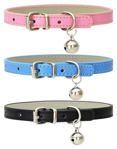 Playexen Katzenhalsband 3 Stück, Hundehalsband mit Sicherheitsverschluss und Glocke, Leder Halsband Verstellbar 20 bis 28cm, Halsband für Kätzchen Mittlere Kleine Hunde Anti Erstickung (XS) von Playexen