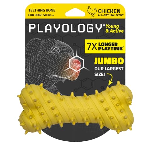 Playology Hundespielzeug für Welpen, zahnende Knochen, Spielzeug für junge und aktive Hunde, ansprechendes natürliches Huhnduft, Jumbo-Kauspielzeug mit Quietscher für Welpen, ab 22,7 kg von Playology