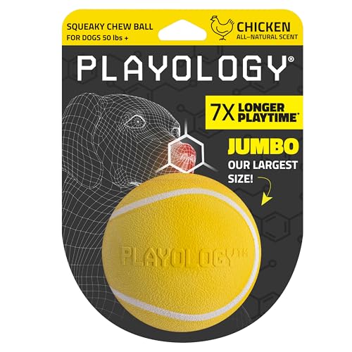 Playology Quietschender Kauball für Hunde, ansprechendes natürliches Huhnduft Hundespielzeug für große bis mittelgroße Hunde ab 22,7 kg | Quietschen, Hüpfen, Apportieren und Spielen von Playology