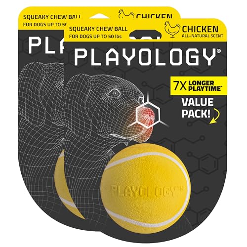 Playology Quietschender Kauball für Hunde, ansprechendes, natürliches Huhnduft, Hundespielzeug für mittelgroße Hunde bis zu 22,7 kg, Vorteilspackung | Quietschen, Apportieren und Spielen von Playology