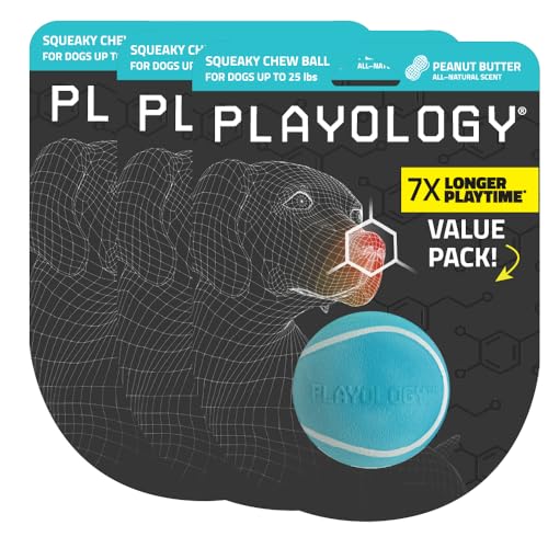 Playology Quietschender Kauball für Hunde, ansprechendes, natürliches Erdnussbutter-Duft, Spielzeug für kleine Hunde bis zu 11,3 kg, 3er-Pack, Quietschen, Apportieren und Spielen von Playology