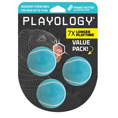 Playology Quietschender Kauball für Hunde, ansprechendes, natürliches Erdnussbutter-Duft, Spielzeug für kleine Hunde bis zu 11,3 kg, 3er-Pack, Quietschen, Apportieren und Spielen von Playology