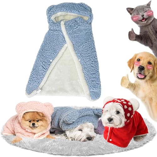 Pet Cape Blanket, Dog Cape Blanket, Dog Winter Coat with Hat Thicken Cloak Blanket, Dog Warm Sleeping Blanket, Multiple Sizes for Small Medium Dogs and Cats (Blue, L) von Pnedeodm