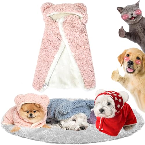 Pet Cape Blanket, Dog Cape Blanket, Dog Winter Coat with Hat Thicken Cloak Blanket, Dog Warm Sleeping Blanket, Multiple Sizes for Small Medium Dogs and Cats (Pink, L) von Pnedeodm